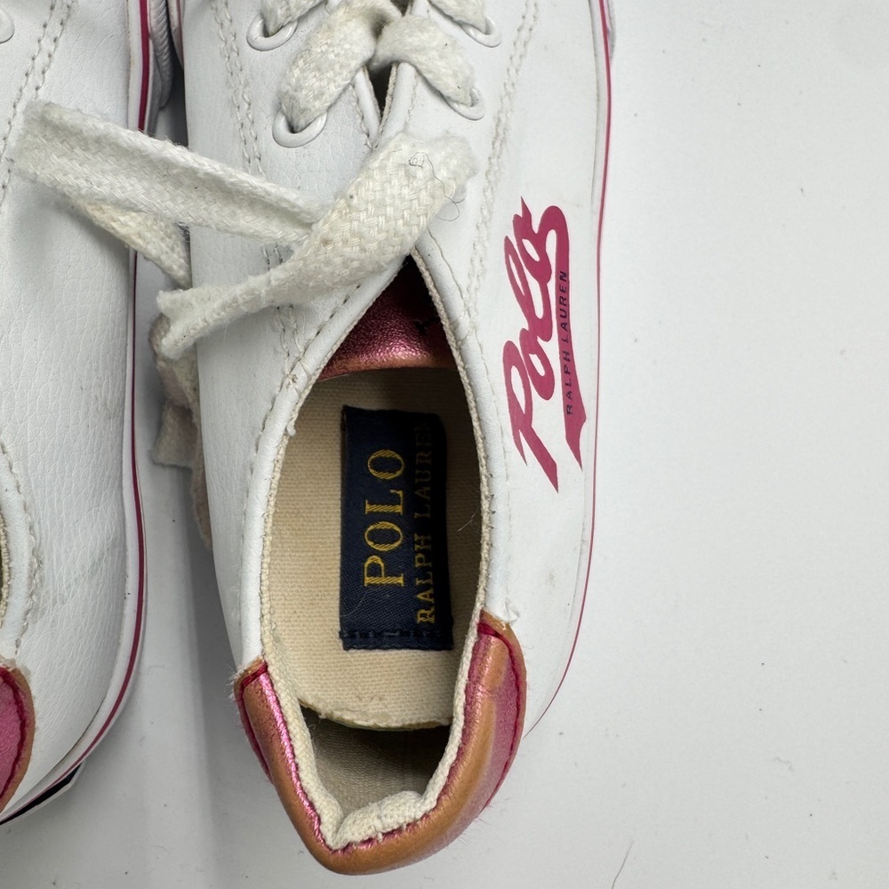 Polo by Ralph Lauren Toddler Girl Size 10 Kids White Sneakers with Pink Accents - Picture 8 of 11